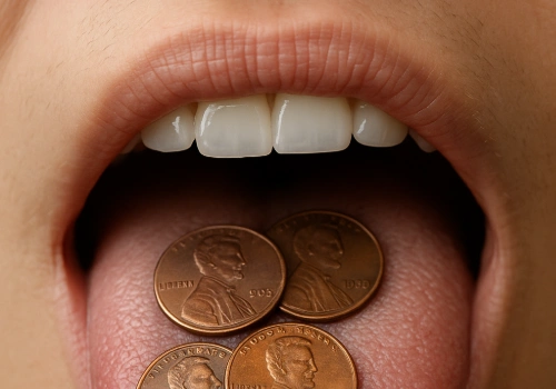 Close-up digital illustration of a person sticking out their tongue with shiny copper pennies resting on it, symbolizing a metallic taste in the mouth caused by medications, vitamin deficiencies, infections, or oral health issues.