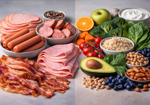 Assortment of processed meats such as hot dogs, bacon, and deli slices next to healthier whole-food alternatives, illustrating research linking processed meat to increased risks of cancer, diabetes, and heart disease.