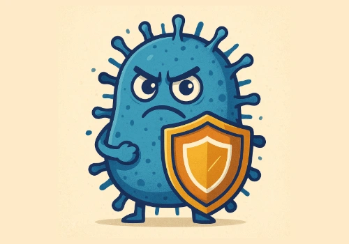 Cartoon-style illustration of a germ surrounded by a protective shield, symbolizing antibiotic-resistant bacteria that can no longer be killed by standard medications.