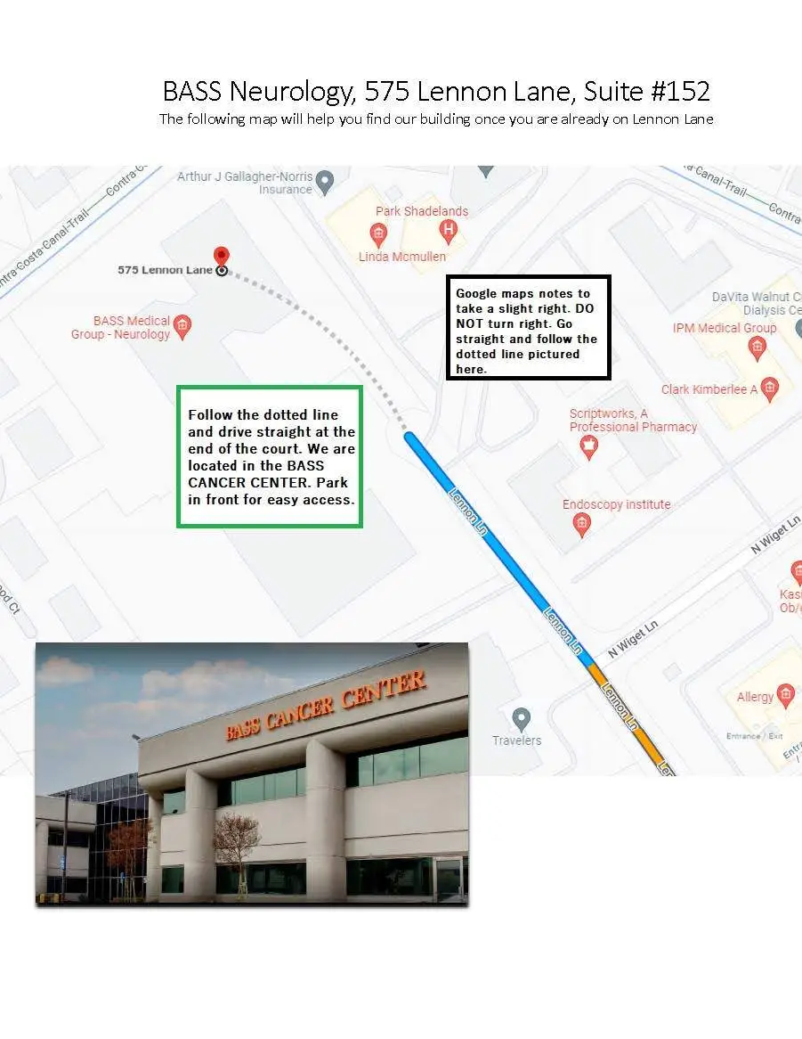 Navigation map of how to find the BASS Neurology office at 575 Lennon Lane in Walnut Creek, CA.