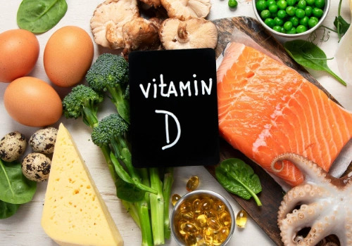 An array of healthy foods that are rich in Vitamin D.