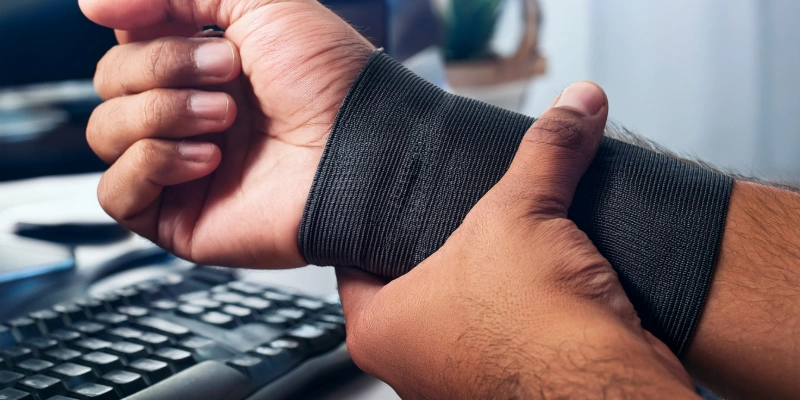 Close-up of a person’s wrist being gently held or wrapped, with a keyboard or computer mouse blurred in the background.