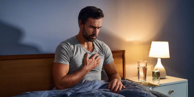 A patient holding their chest in discomfort, sitting upright in bed at night, with a glass of water and antacid bottle on the nightstand.