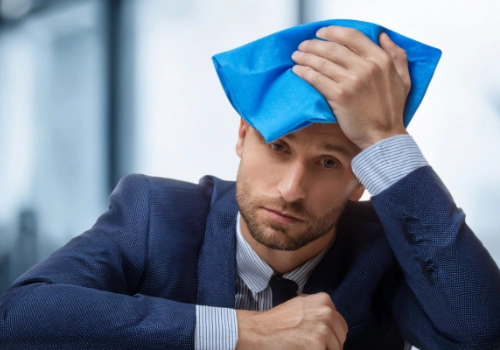A businessman resting his head on a desk with a cold compress over his forehead.