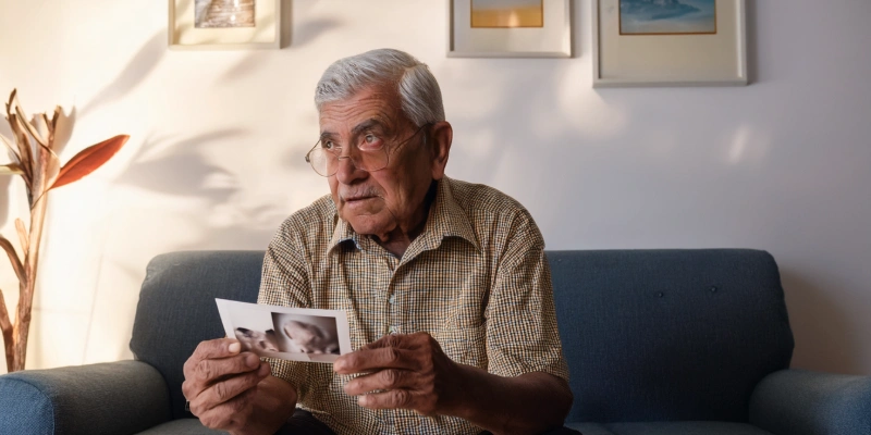 Elderly person looking confused while holding a photo.