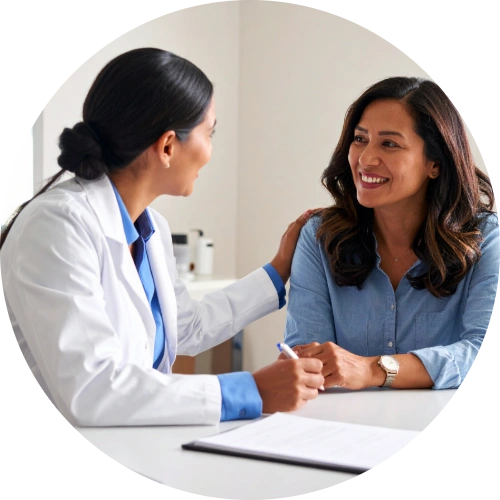 Female patient consulting with a healthcare provider about hormone and women’s health concerns in a clinical setting.