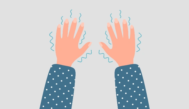 Illustration of both hands shaking with visible tremor lines, representing common hand tremor symptoms such as those caused by caffeine, stress, or neurological conditions