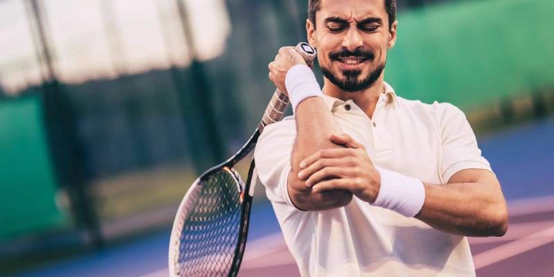 Tennis player holding his elbow in discomfort