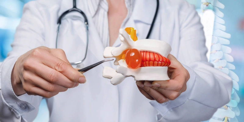 A doctor pointing at herniated disc model with tweezers
