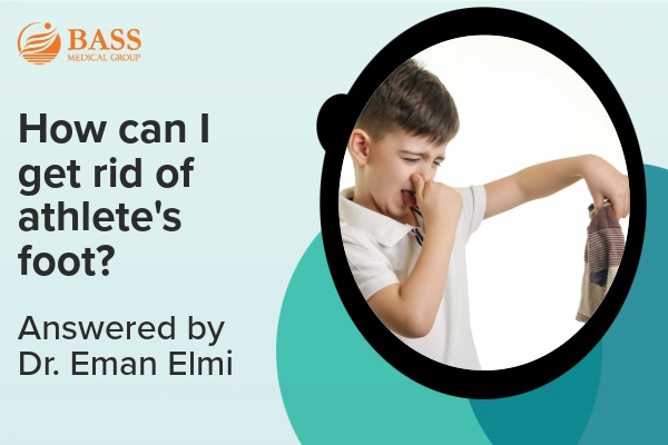 Thumbnail depicting a boy holding his nose near smelly socks, text beside him asks about getting rid of athlete's foot
