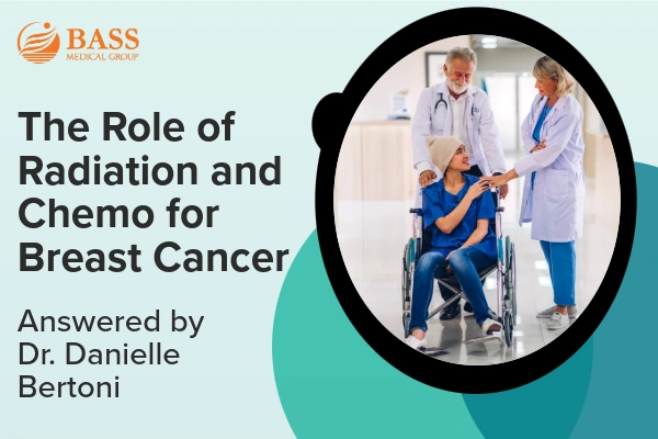 Video thumbnail with the text "The Role of Radiation and Chemo for Breast Cancer" and a photo of a patient in a wheelchair with healthcare professionals