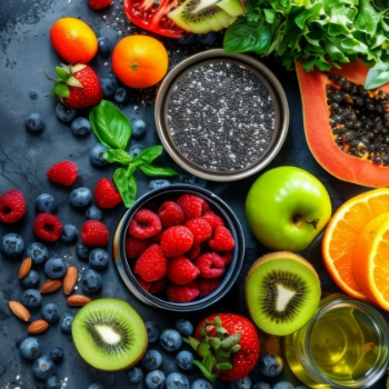 Array of healthy foods like chia seeds and berries