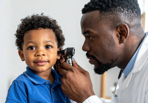 Pediatrician examining a child with ear infection symptoms during an office visit