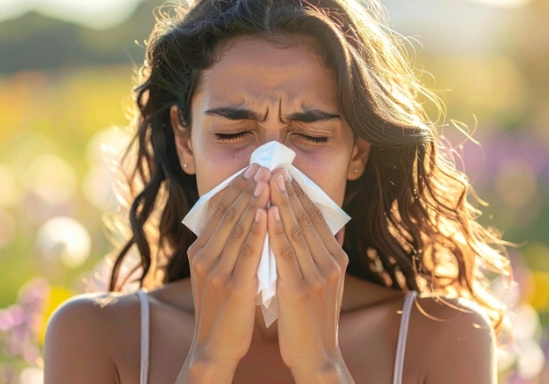 Person experiencing seasonal allergy symptoms outdoors during summer
