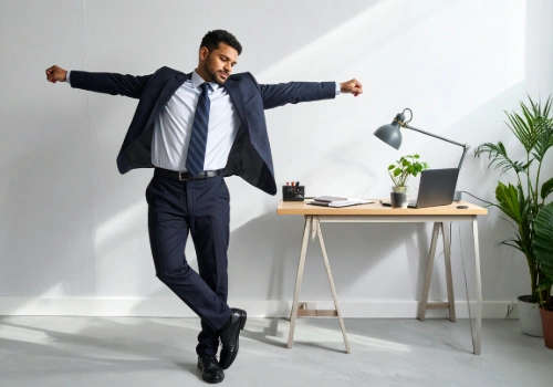 Office worker stretching beside a standing desk during a work break