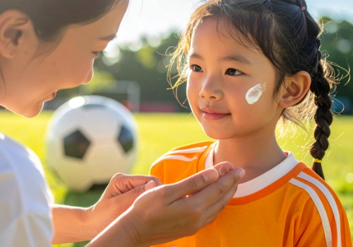 Parent applying sunscreen to a child before outdoor play