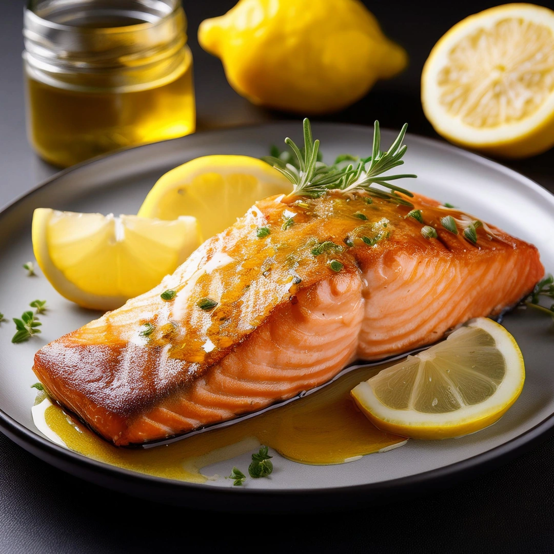grilled salmon coated in a lemon-honey sauce with lemons on side