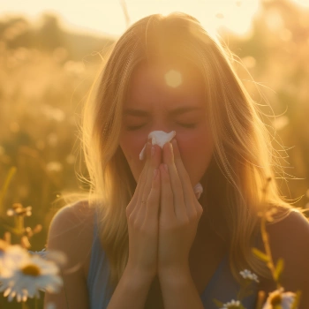 Woman suffering from allergies in a meadow
