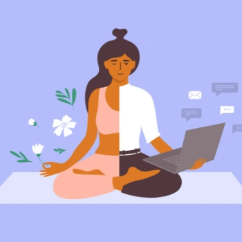 Cartoon diagram of woman split in half showing one side working and the other performing yoga
