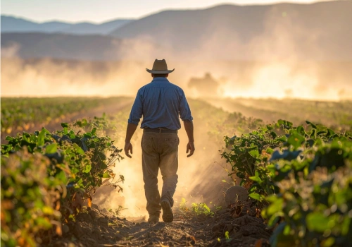 A farm worker walking through a dusty agricultural field in California's Central Valley
