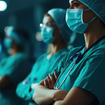 Doctors in teal scrubs wearing masks for COVID protection