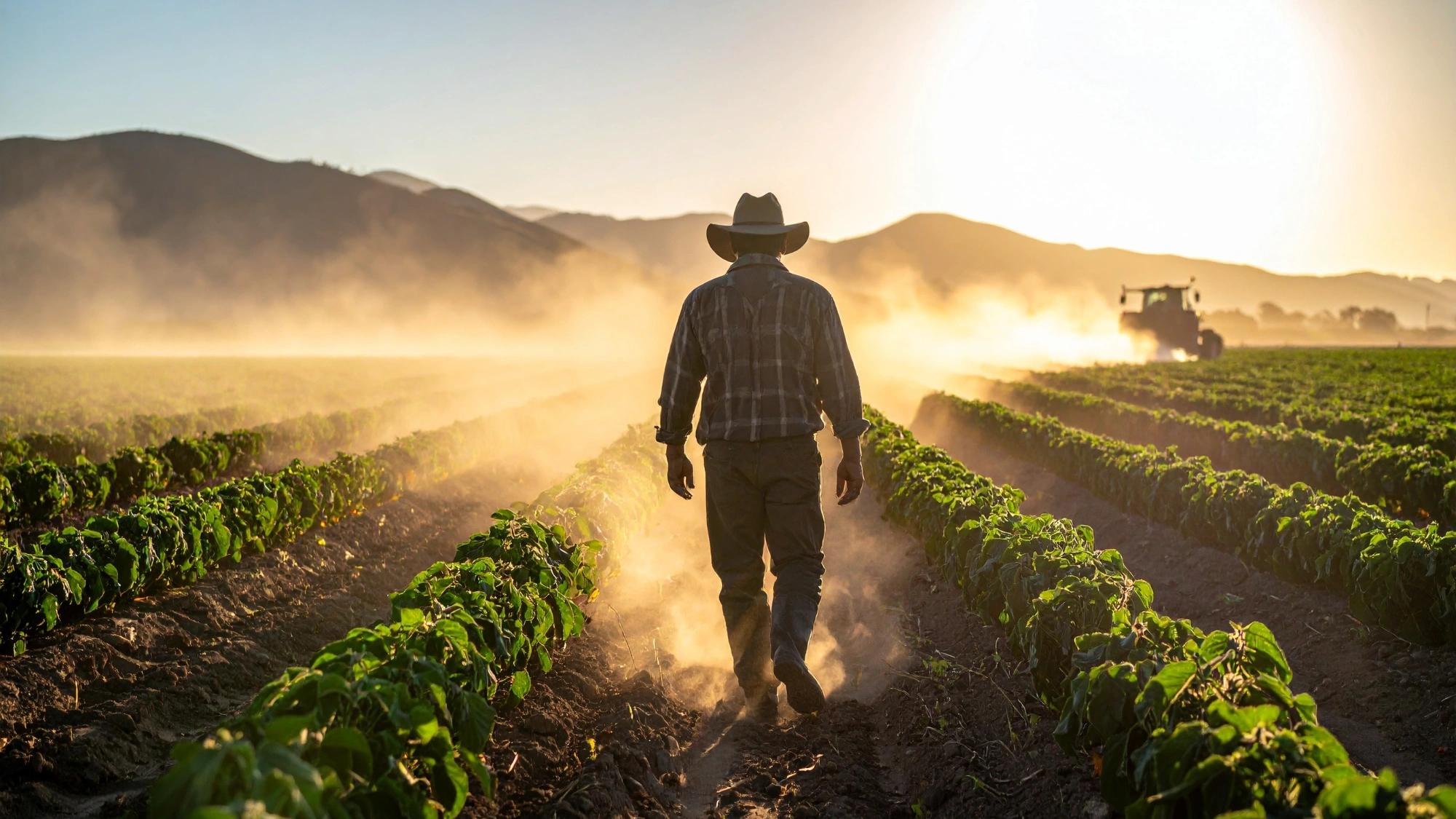 A farm worker walking through a dusty agricultural field in California's Central Valley