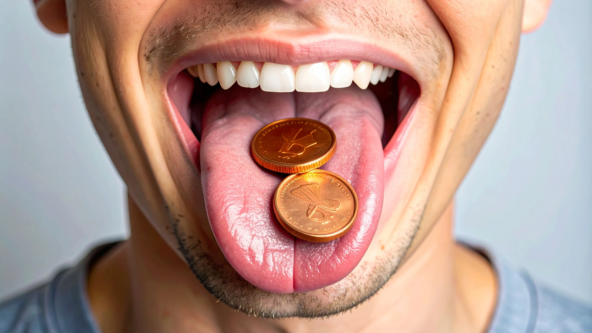 person sticking out their tongue with shiny copper pennies resting on it