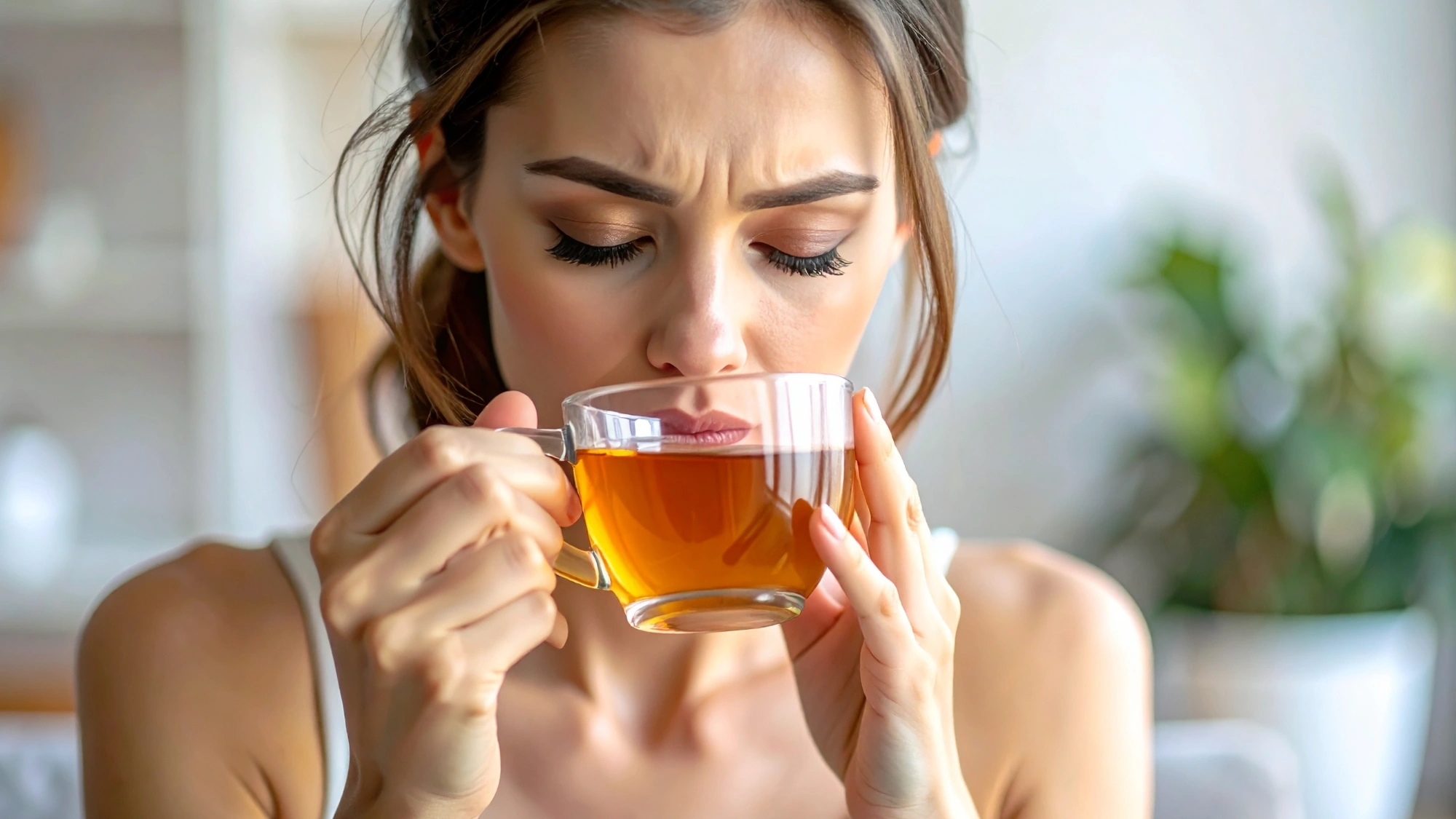 Woman with sinus inflammation drinking warm tea