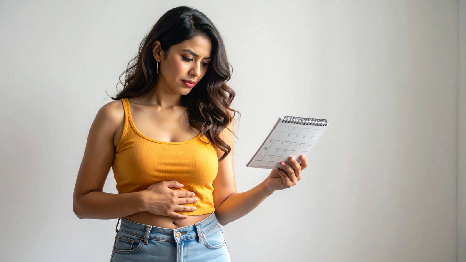 A woman holding her lower abdomen and looking concerned at a menstrual tracking calendar