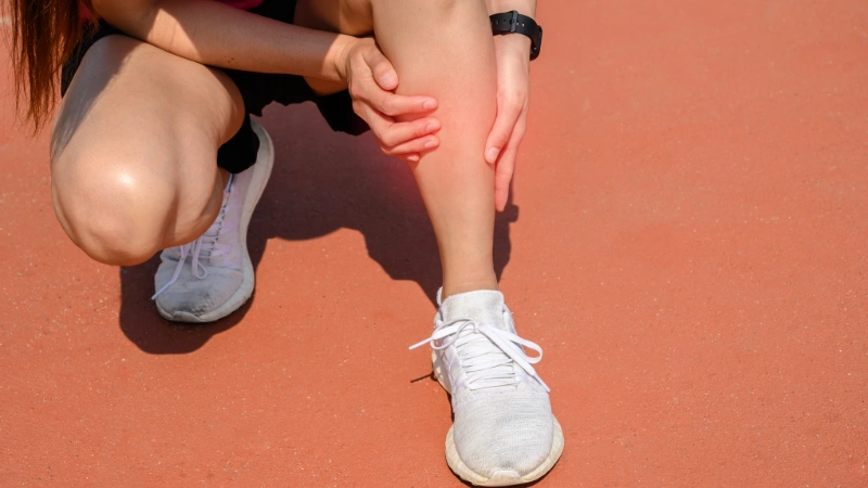 Teen girl sits on a running track holding her lower leg after an injury, showing pain commonly associated with shin splints