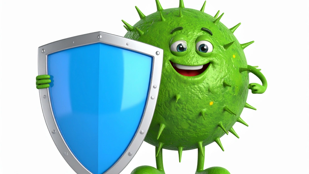 Cartoon bacterium holding a shield, representing antibiotic-resistant bacteria and their ability to withstand antibiotic treatment.
