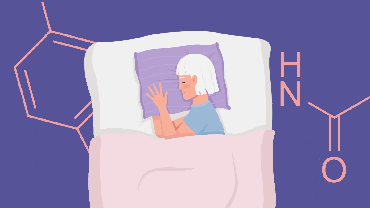 Woman sleeping in bed with a melatonin chemical structure in the background, illustrating research on melatonin and heart failure.