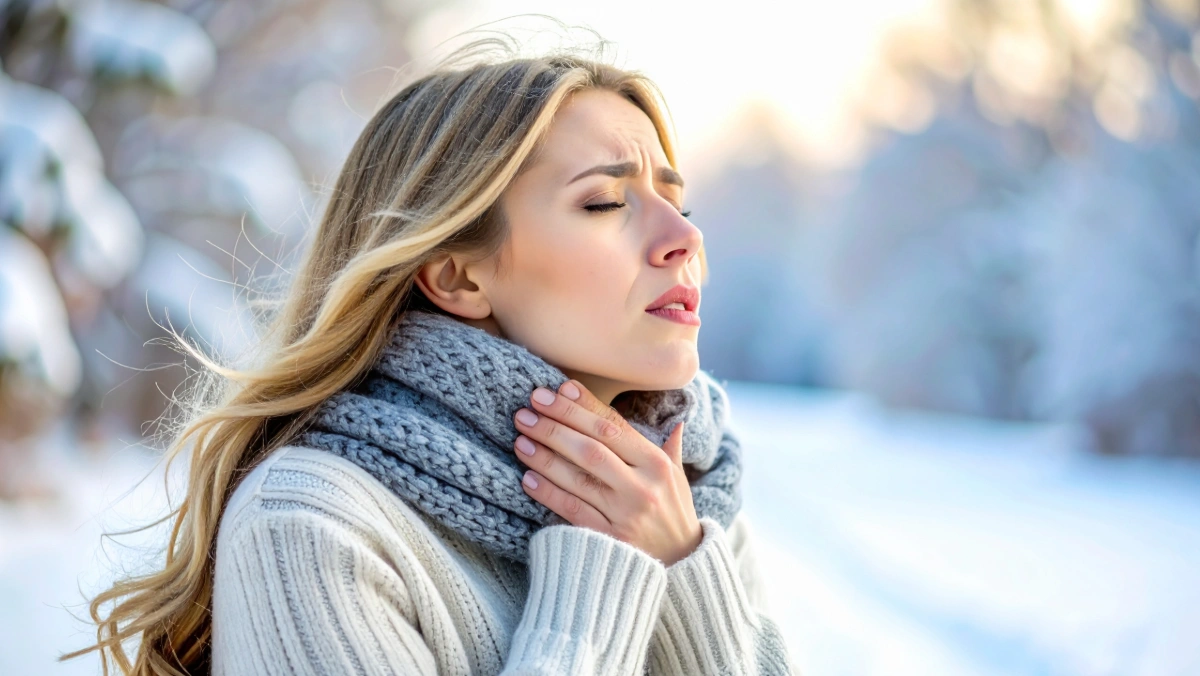 Person holds their throat while outdoors in cold winter air, illustrating throat irritation and soreness caused by cold, dry air.