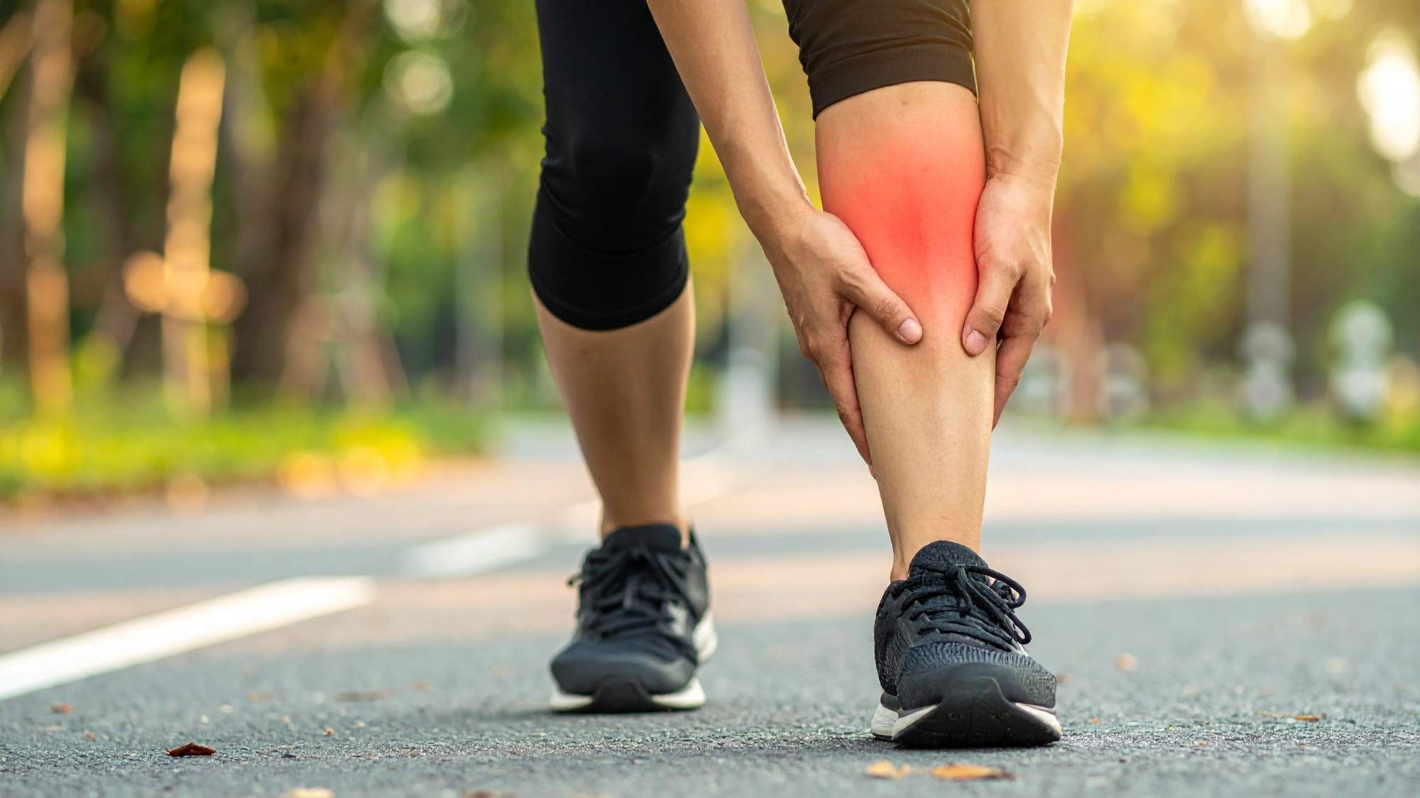 Jogger clutching their sore lower leg, believing lactic acid makes them sore.