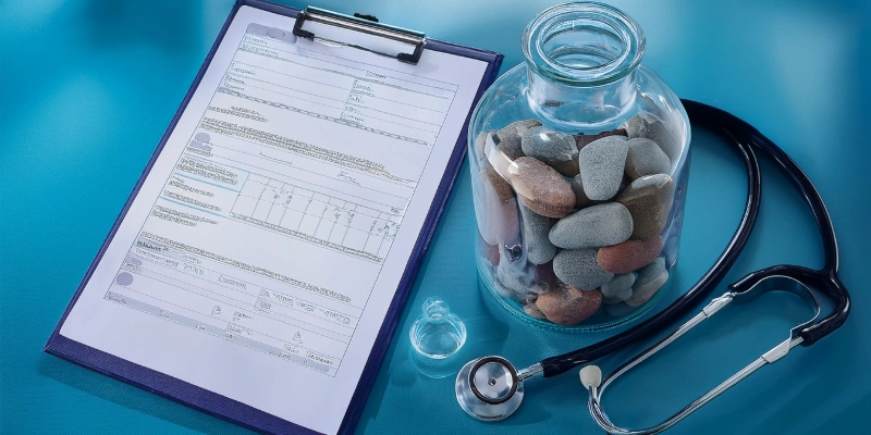 Gallstones inside a glass jar next to a medical chart.