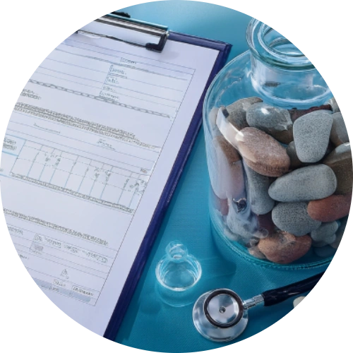 Gallstones inside a glass jar next to a medical chart.