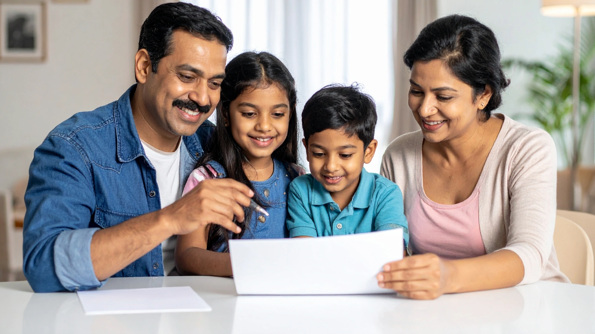 A family reviewing health insurance options and coverage information at home.