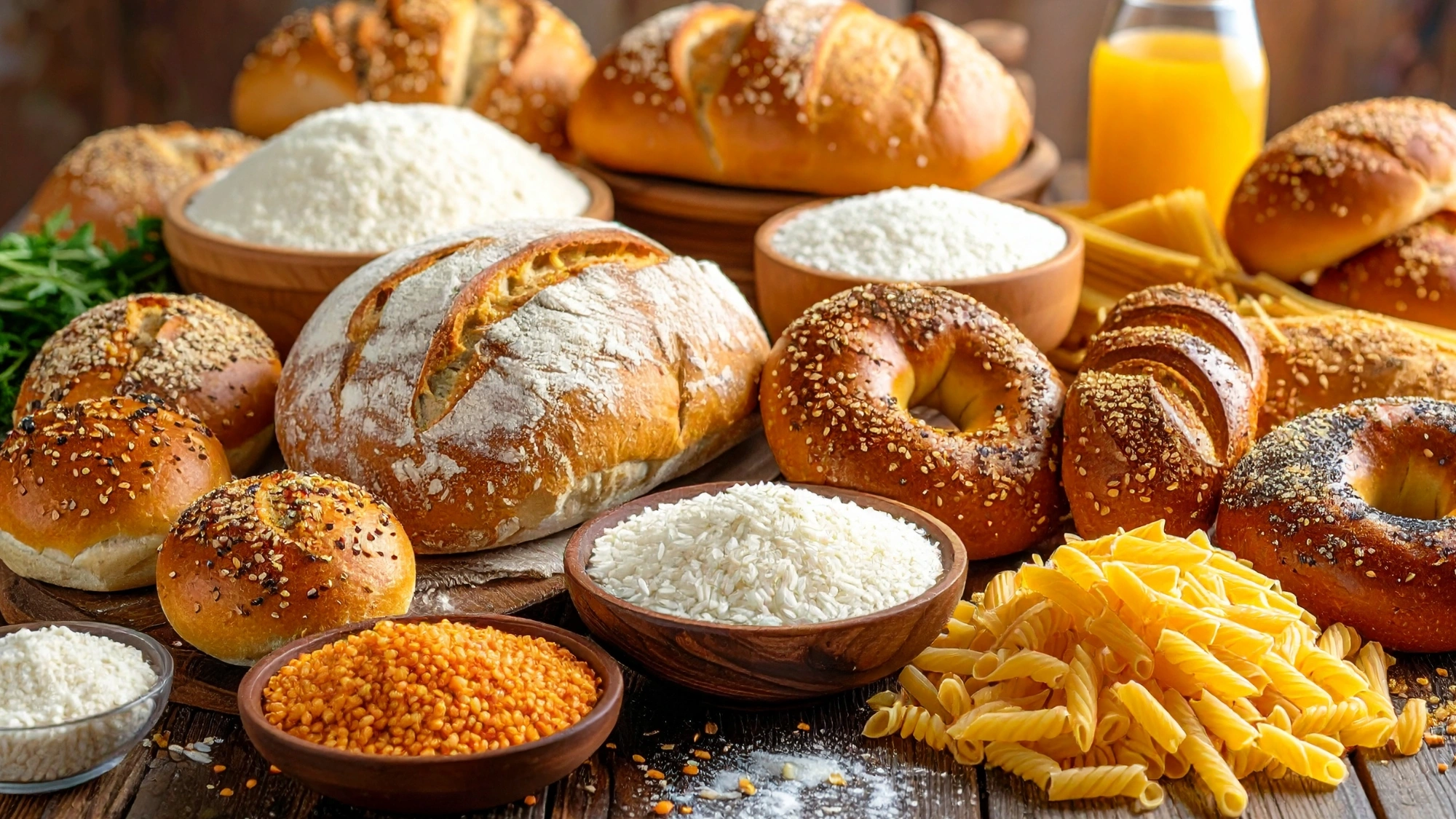A variety of carbohydrate-rich foods like bread, bagels, rice, and pasta