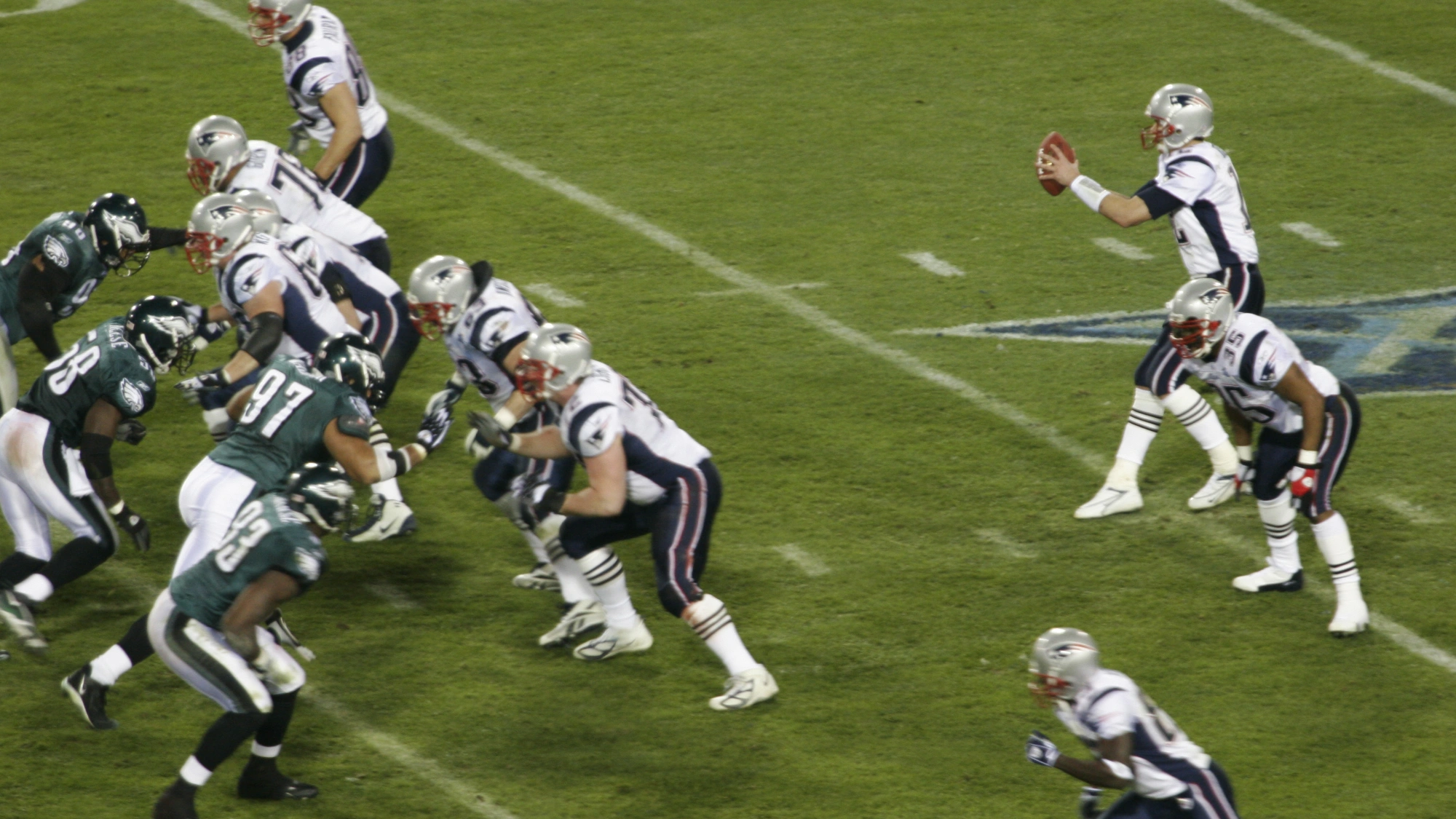 Tom Brady takes a snap for the New England Patriots during Super Bowl XXXIX against the Philadelphia Eagles in 2005.