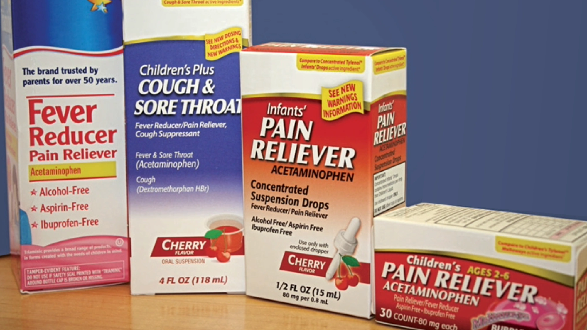 Several children’s acetaminophen medications displayed together, including ibuprofen-free options.