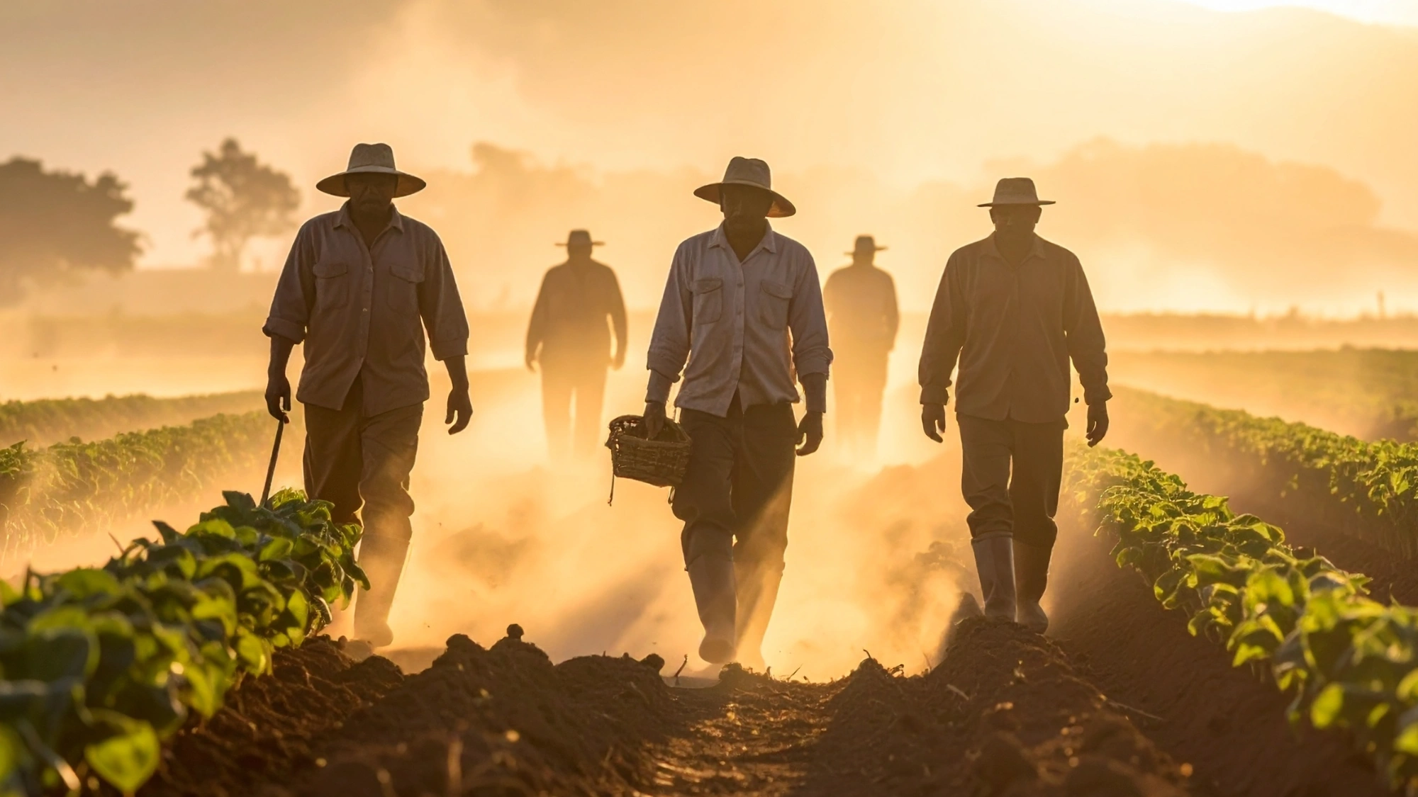 Farm workers in a dusty agricultural field, where exposure to Valley fever spores can occur.