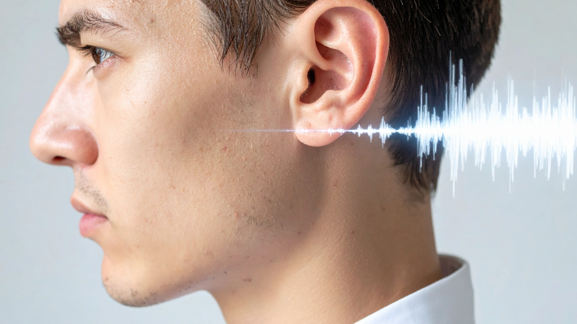 Person holding one ear with a soundwave graphic representing ringing in the ear.