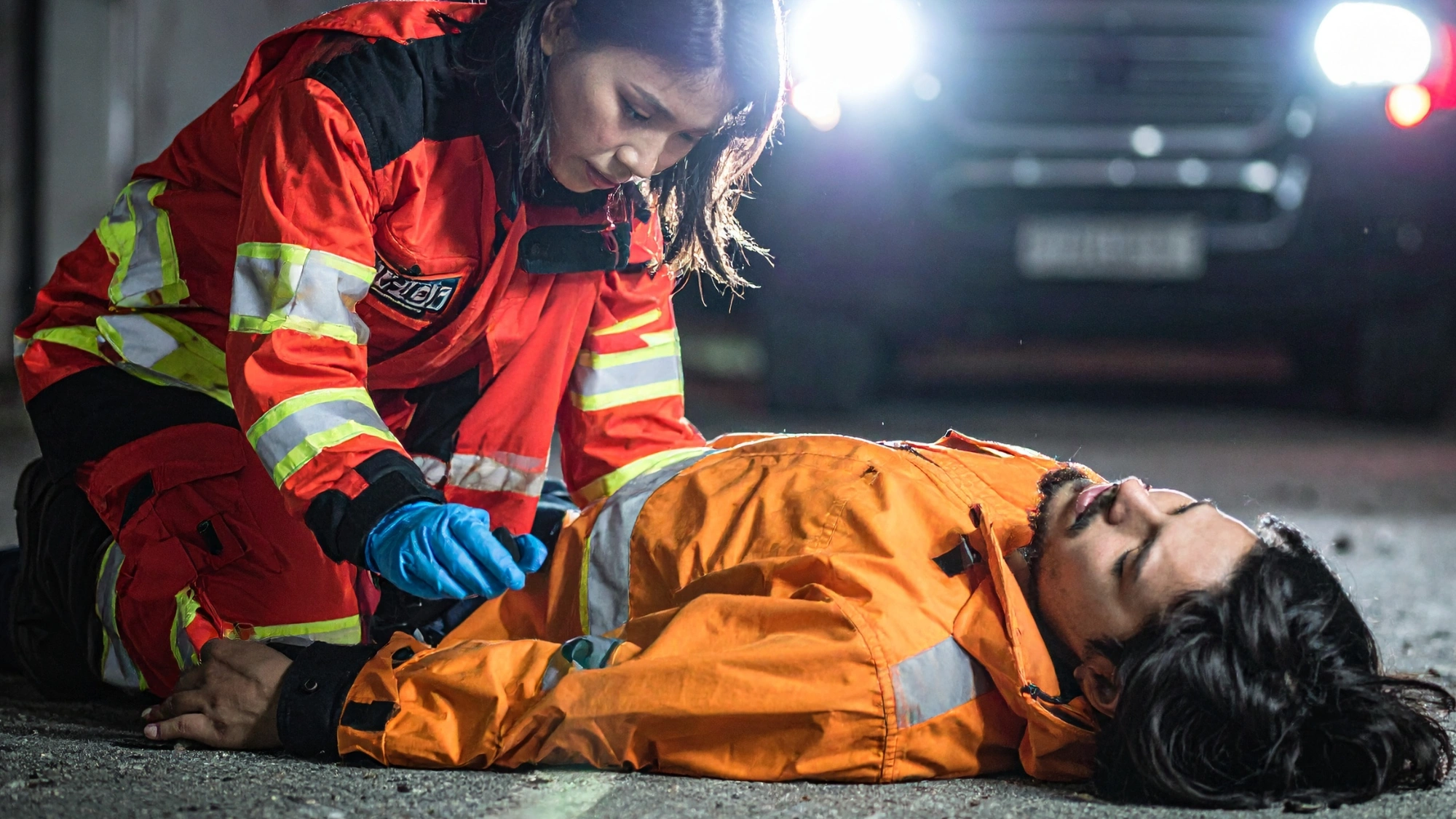First responder attending to an overdose victim