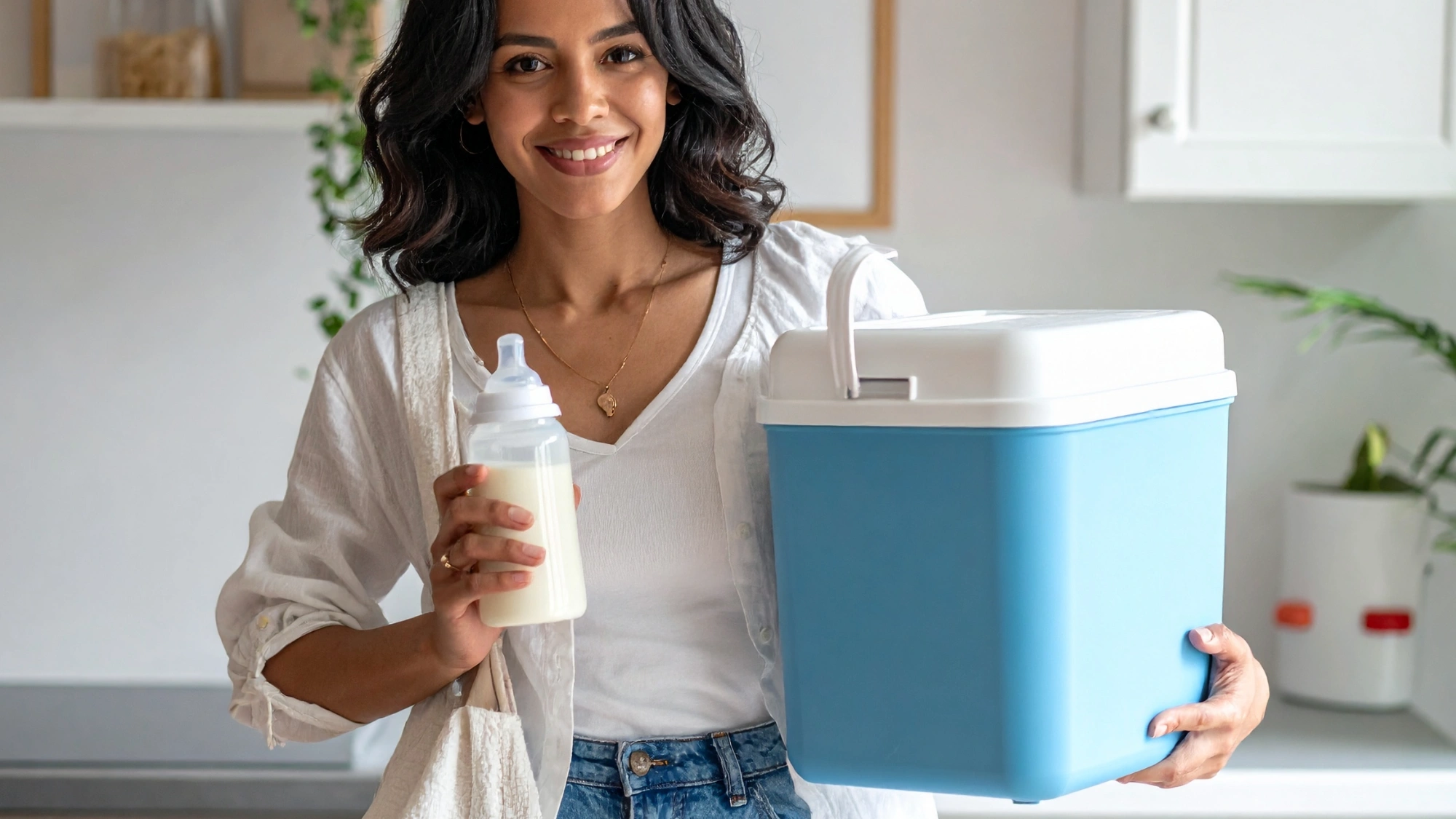 Mother holding a cooler bag and bottle of expressed breast milk for safe storage.