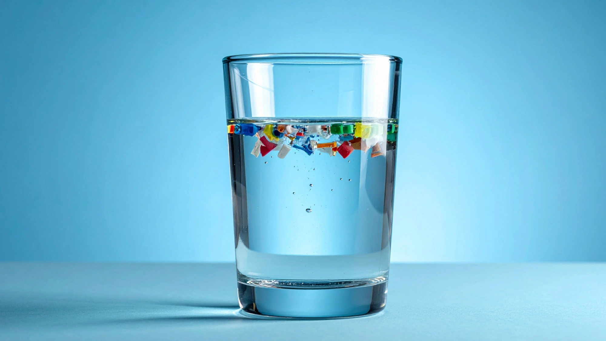 A clear glass of water with visible floating plastic particles, symbolizing microplastic contamination in drinking water.