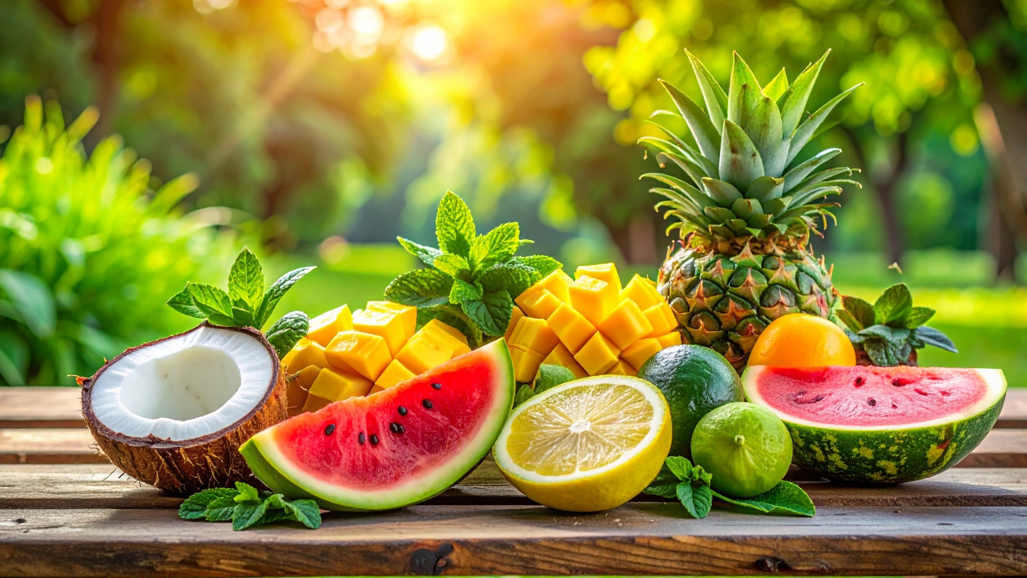 A colorful mix of hydrating summer foods—cucumber, watermelon, pineapple, mango, lemon, mint, and coconut