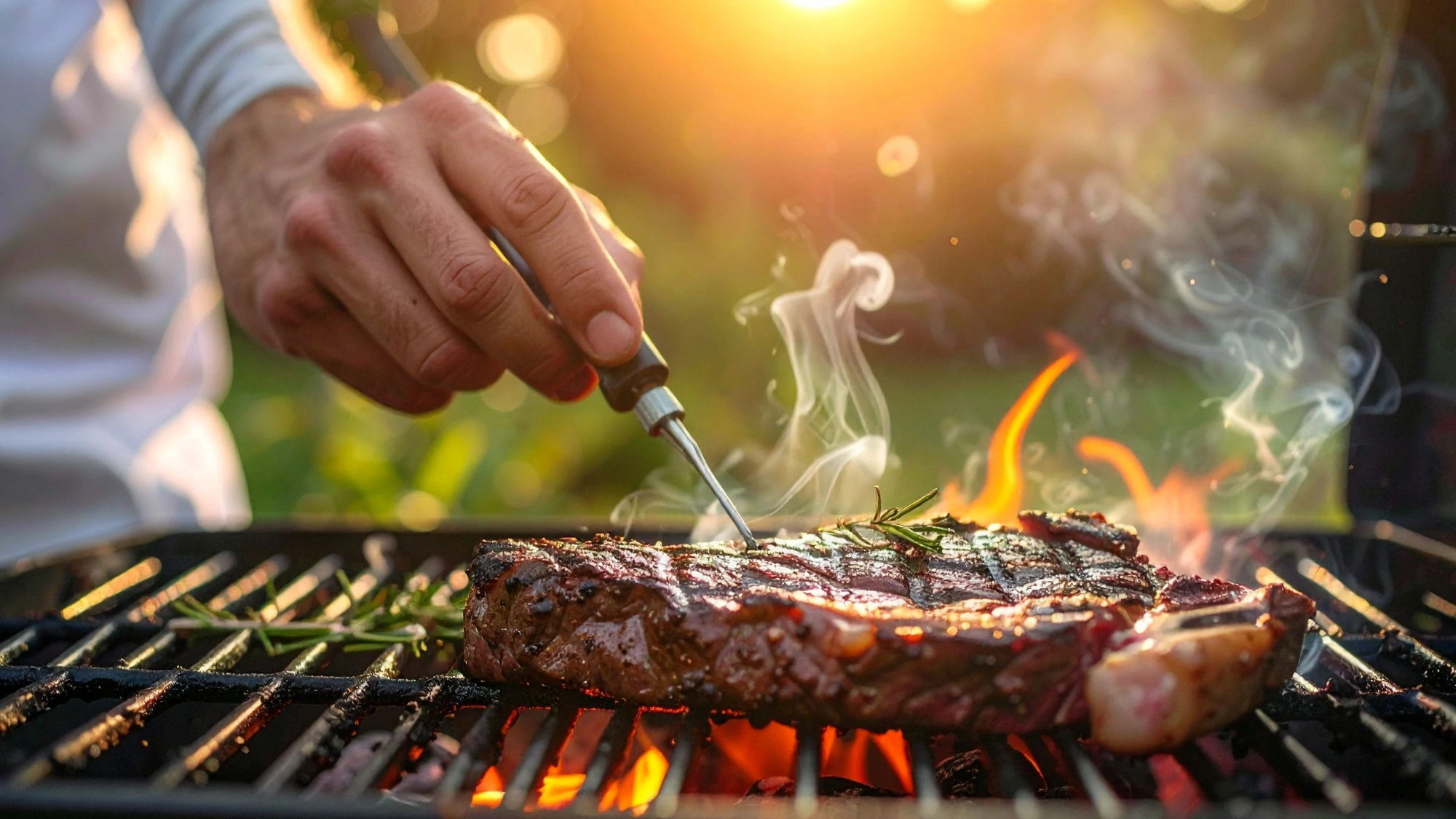 Man checking a steak’s internal temperature with a meat thermometer next to a grill.