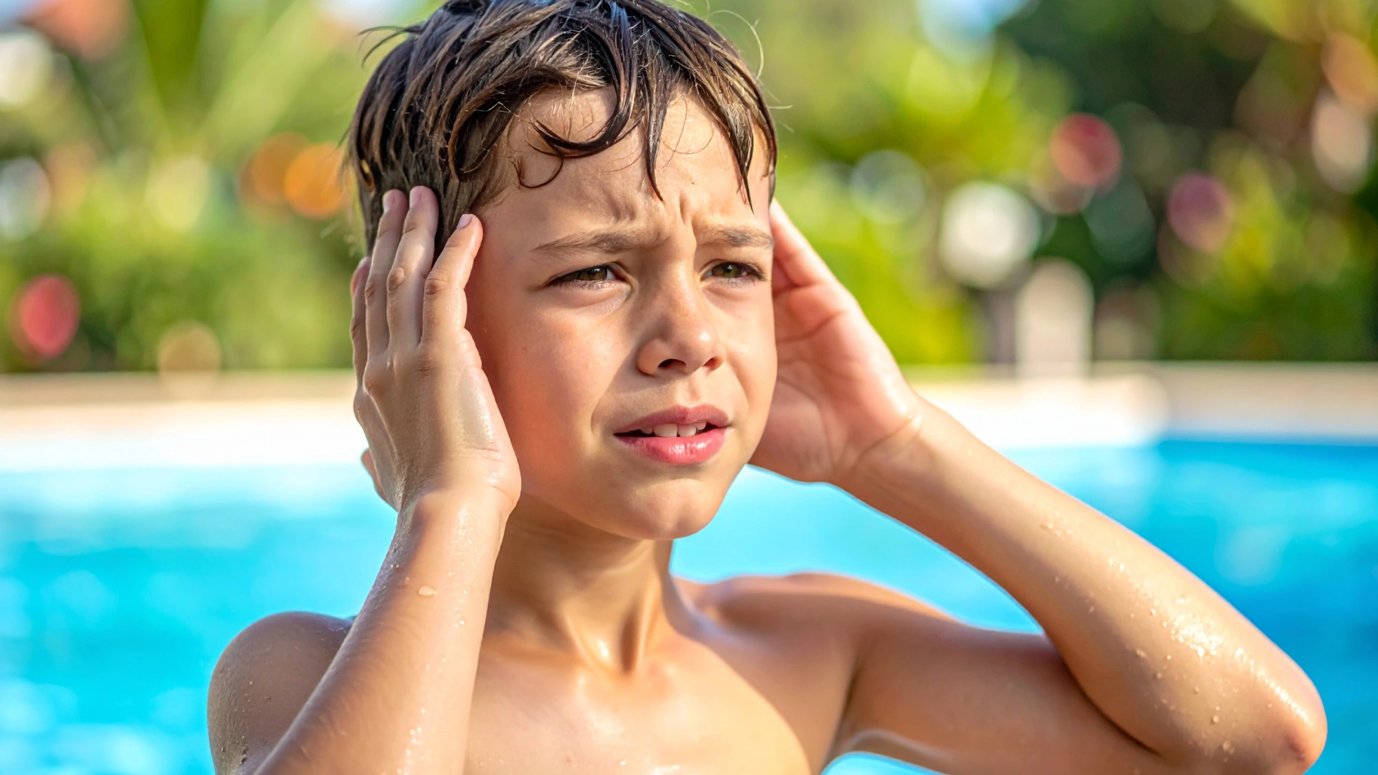 Child experiencing ear pain after swimming in a pool