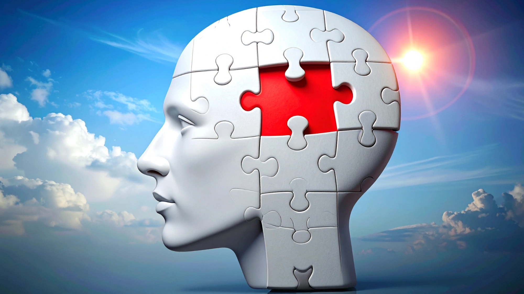 Illustration of a human head puzzle with a missing red-highlighted puzzle piece