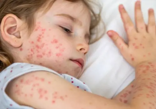 Child with measles rash resting in bed.